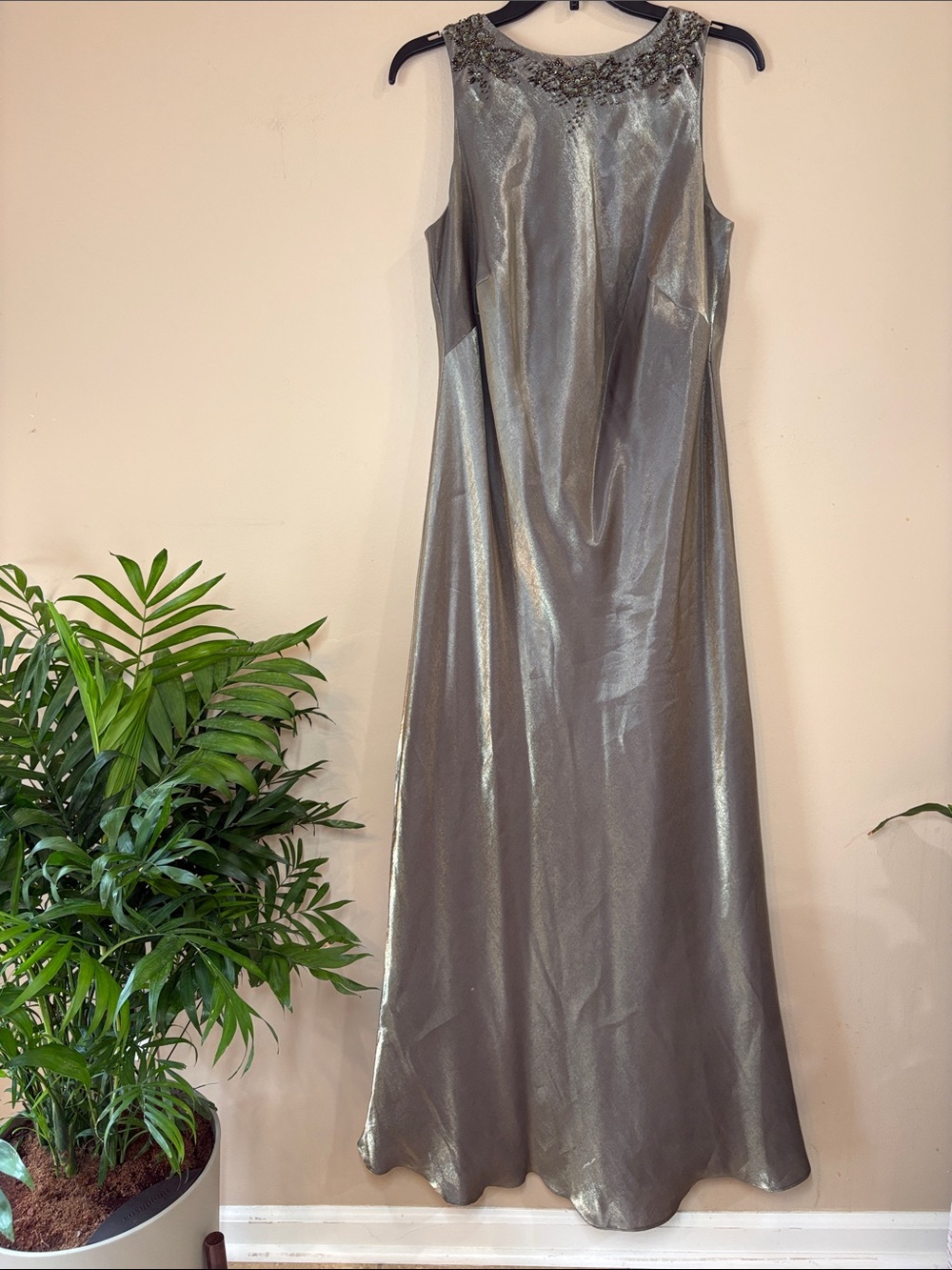 Metallic Light Sage Evening Dress with Embellished Neckline and Back Pleat